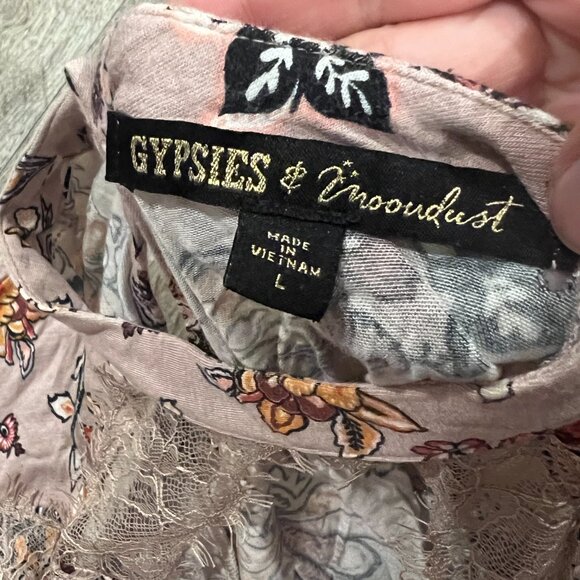 Gypsies & Moondust Pink Retro Floral Lace Peek A Boo Flowy Mini Dress L - Picture 15 of 15